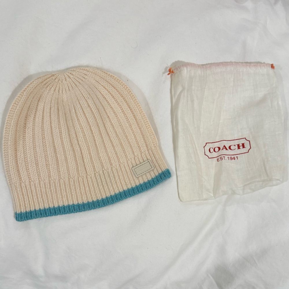 Authentic Coach beanie, beige with blue stripe